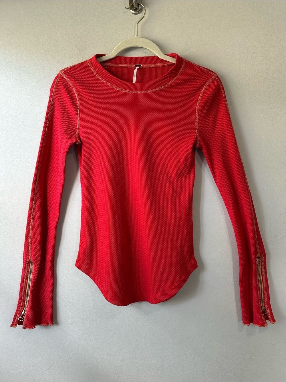 Free People Zip It Thermal Top Long Sleeve Shirt Waffle Knit Red Size S Tomato